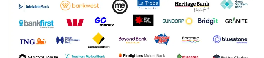 Logos of lenders on the panel, including Adelaide Bank, AMP, ANZ, Australian Financial, Bank of Melbourne, Bankfirst and more